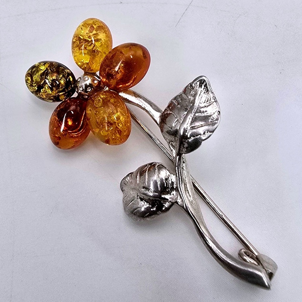 Vintage 925 Sterling Silver Baltic Amber Flower Brooch Pin 3.7g Floral Jewelry